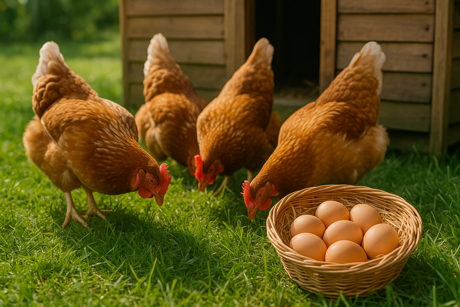 Free-range hens pecking on grass beside a wooden coop and a basket of fresh eggs