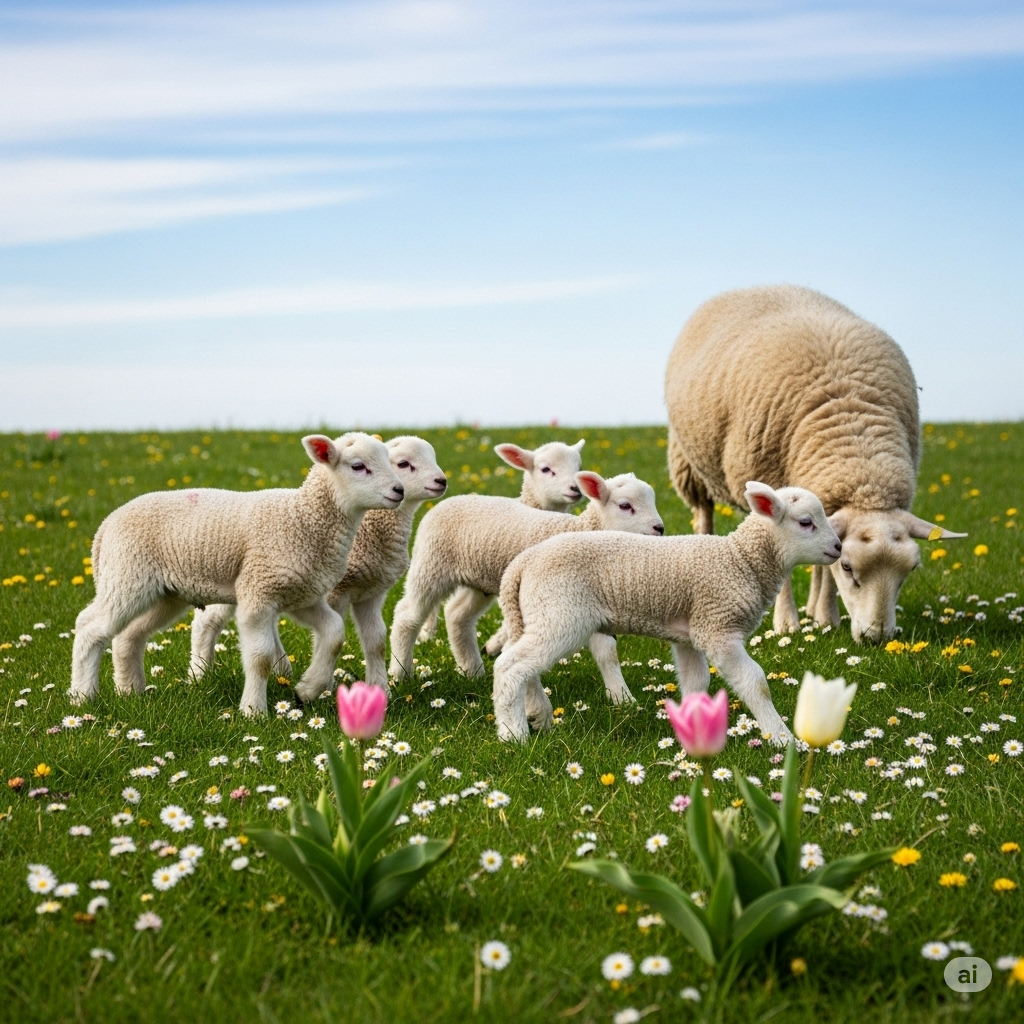 Lambs and a ewe grazing in a spring meadow full of daisies and tulips